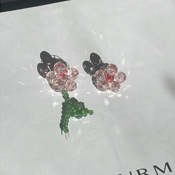 Hand Beaded Asymmetrical Pink Flower Earrings - Picture 5 of 8